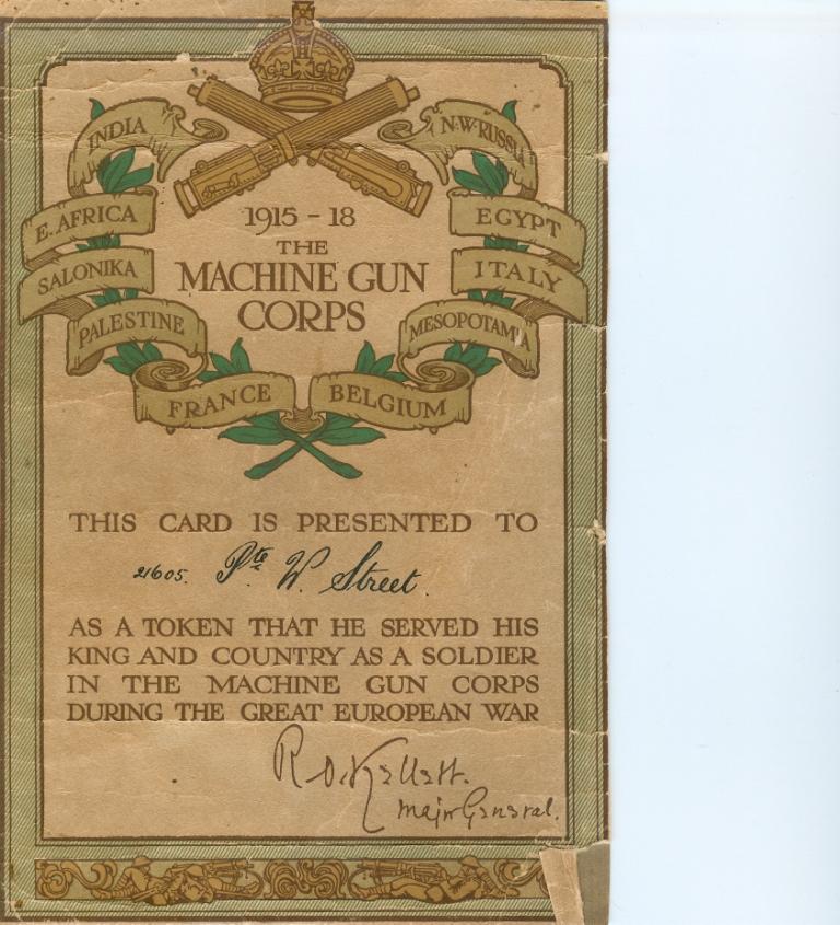 Certificate awarded to those who served with the Machine Gun Corps Certificate awarded to those who served with the Machine Gun Corps